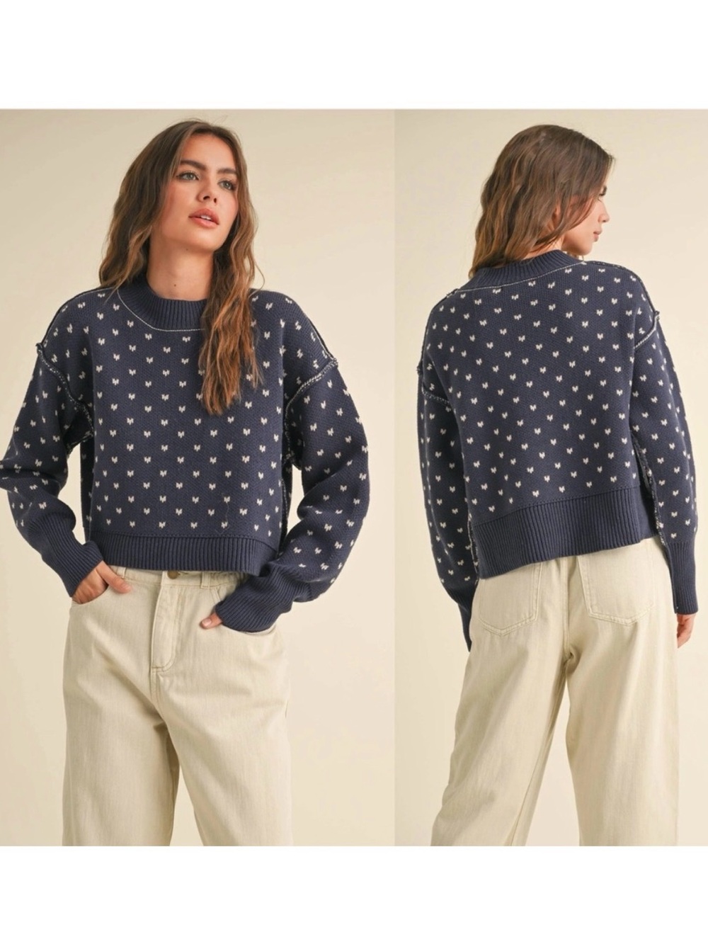 Free People Easy Street Patterned Cropped Sweater Navy Blue Large